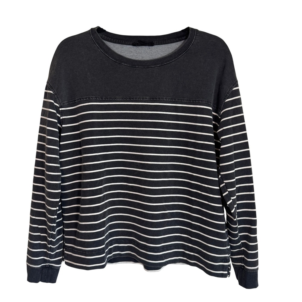 Jane + Delancey Womens Striped Crew Neck Sweatshirt Faded Black White Medium